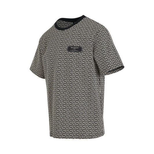 BALMAIN Monogram Jacquard Signature Label T-Shirt in Ivory/Black