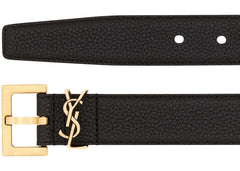 Saint Laurent Cassandre Belt with Square Buckle in Grained Leather Black