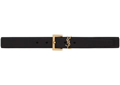 Saint Laurent Cassandre Belt with Square Buckle in Grained Leather Black